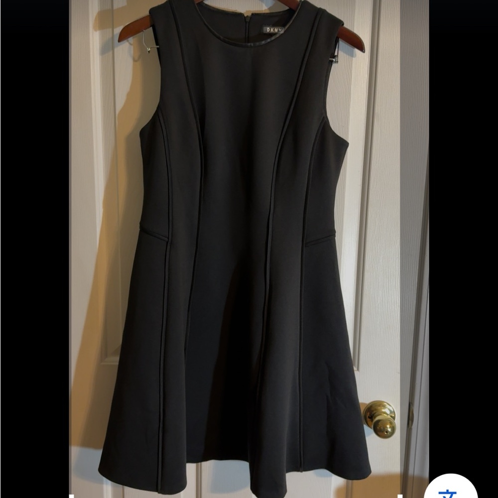 DKNY Black Midi Fit & Flare Sleeveless   Dress w/Faux Leather Trim